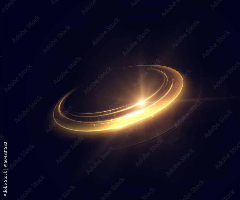 Fototapete Glowing golden light ring with sparkles on dark background. Circular energy swirl with luminous particles for abstract backgrounds, sci-fi themes, and interface effects.


