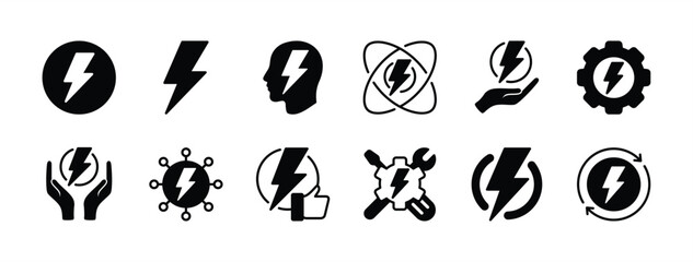 Electrical power energy icon vector set. Contains saving electricity, innovation, production, renewable, repair or maintenance, environment, sustainable, core, thinks. Electric symbol illustration