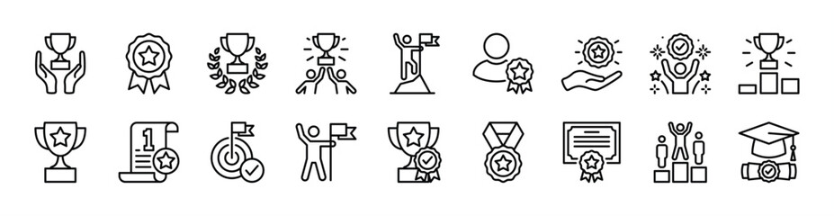 Success icon set. Successful business achievement. Contains winner, award, trophy, medal, reward, victory, laurel, goal, target, competition, celebration, certified, graduation, ribbon. Vector