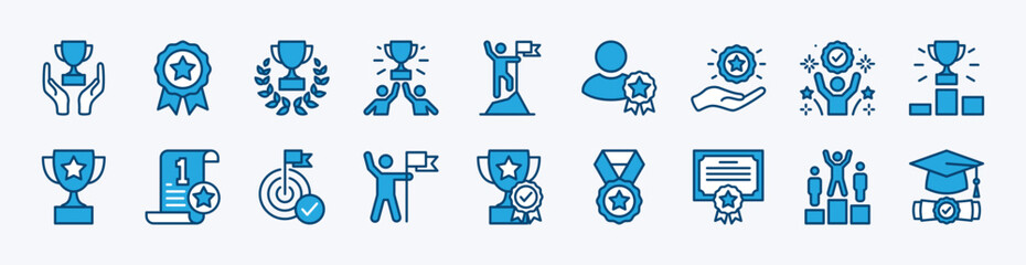 Set of success icon vector. Successful business achievement. Contains winner, award, trophy, medal, reward, victory, laurel, goal, target, competition, celebration, certified, graduation, ribbon