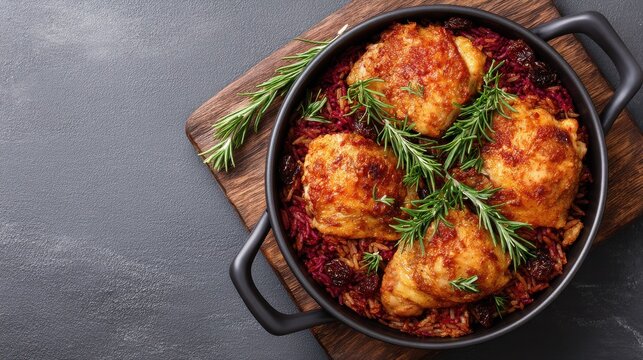 Savory baked chicken thighs on flavored rice with fresh rosemary garnish.