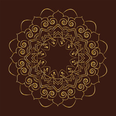 Golden Mandala Pattern Illustration Decorative Art, Floral Design on Brown Background, Round Ornament