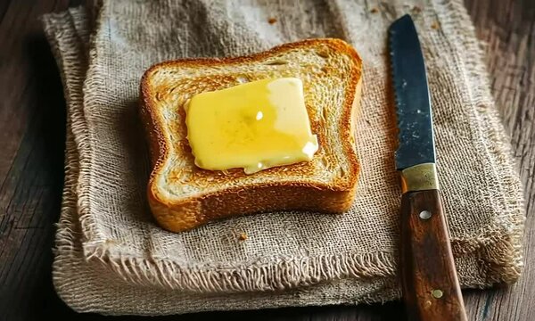 Golden Buttered Toast on Rustic Cloth with Knife, Evoking Warmth and Comfort