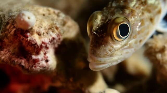 Close-up of lizardfish resting on coral reef with detailed eye, camouflaged skin, and tropical underwater marine life in natural environment.