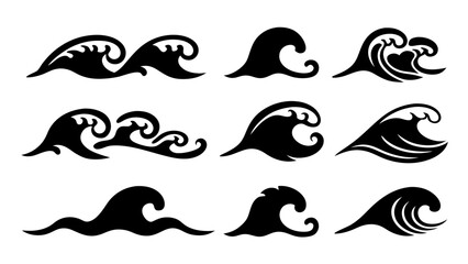 Set of sea wave silhouette isolated on white background.