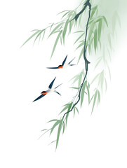 Obraz premium Chinese style spring swallows under the willow tree minimalist style illustration for spring theme