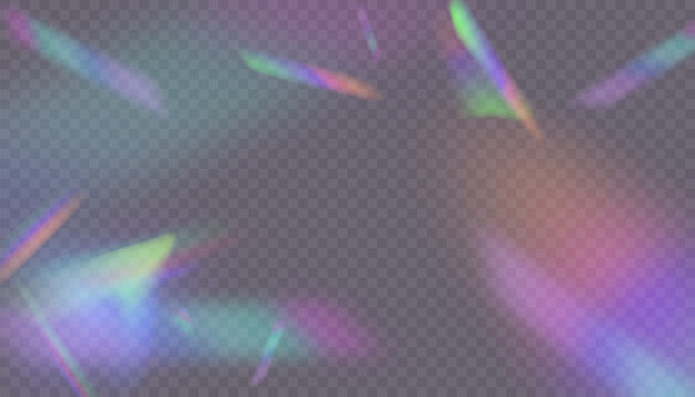Rainbow light rays, lens flare, reflection effect from crystal, glass or gem. Vector realistic illustration set of light leak effect with spectrum glare, prism refraction, lens flare	
