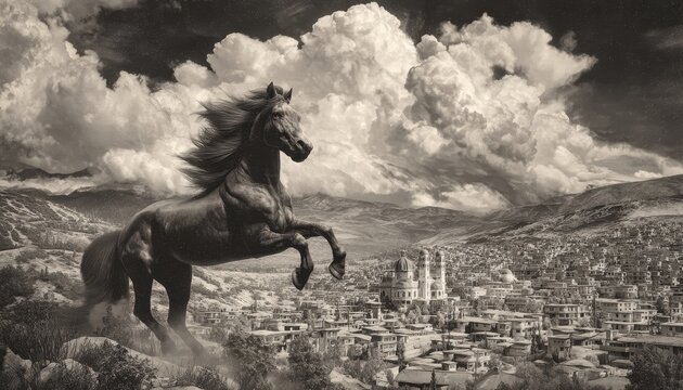 Cavallo in posa maestosa su sfondo paesaggistico drammatico in bianco e nero