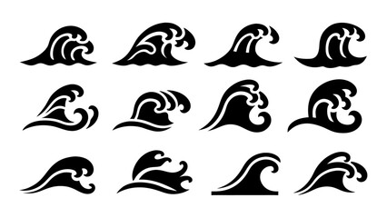 Obraz premium Set of sea wave silhouette isolated on white background.