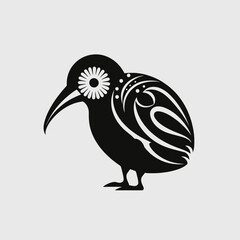 Stylized kiwi bird with floral and tribal pattern silhouette