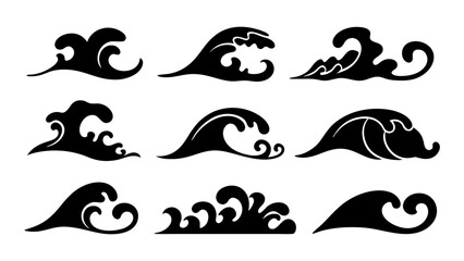 Set of sea wave silhouette isolated on white background.