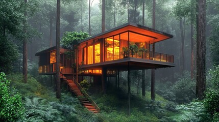 Obraz premium Modern treehouse nestled in lush forest at night, glowing windows illuminate the tranquil scene, perfect for architecture and nature lovers.