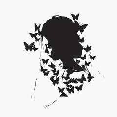 Ethereal woman with butterflies flying from her head, a silhouette