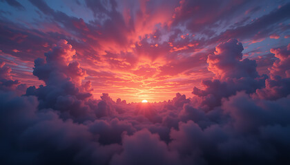 Fototapeta premium Spectacular Aerial View of a Vibrant Sunset Above a Sea of Clouds Dramatic Colors and Textures of a Breathtaking Celestial Event