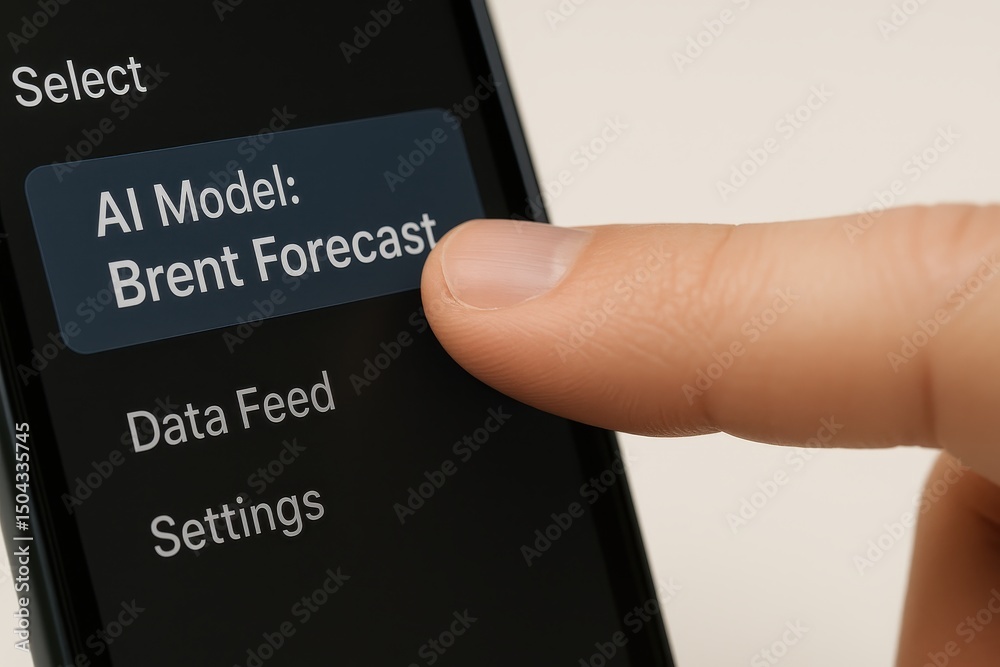 Poster user interacting with smartphone ai model for brent forecast selection menu on screen