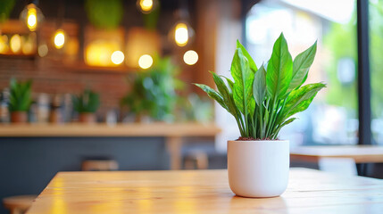 Vibrant indoor plant in white pot sits on wooden table, surrounded by cozy cafe atmosphere with warm lighting and greenery