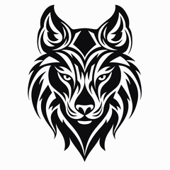 Fototapeta premium Intricate tribal wolf head design rendered in striking black and white silhouette