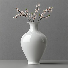 A white ceramic vase holding blooming flower branches elegantly