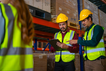 Blue collar workers are working at warehouse.