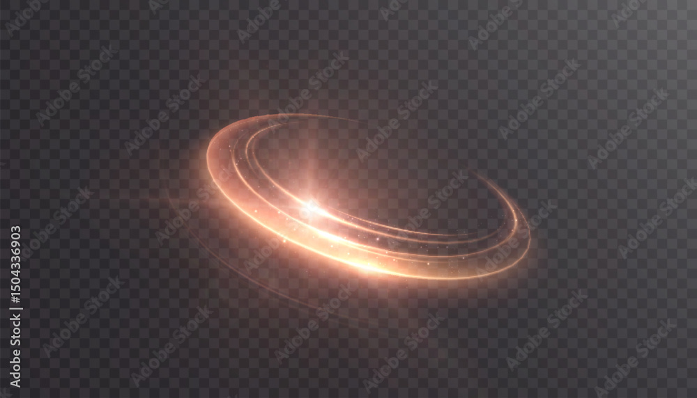 Poster Vibrant orange light swirl with shimmering particles on a transparent background. Elegant glowing arc for sci-fi visuals, digital motion effects or creative overlays.