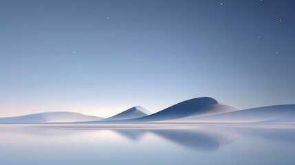3D rendering of minimalist abstract landscape of mountains, lakes and lakes