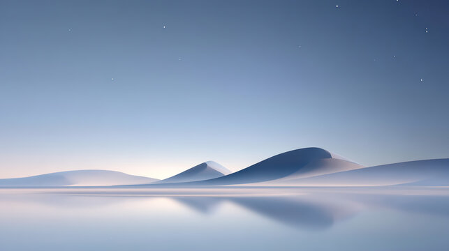 3D rendering of minimalist abstract landscape of mountains, lakes and lakes