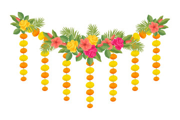 Traditional Indian floral garland with marigold flowers, roses, mango leaves. Decoration for Indian hindu holidays or wedding ceremony. Isolated on white. Vector illustration.