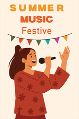 cheerful summer music festival poster with female singer performing and colorful flags, perfect for seasonal events, concerts, live shows, celebration promotions and youth party advertising artwork