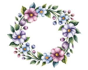 Elegant floral wreath with watercolor pastel flowers, isolated on transparent background. PNG file