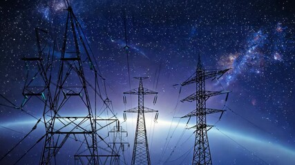 Overhead Electricity Transmission Lines with 3D Digital Visualization of Electricity. Epic Animation with Night Sky Full of Stars. motion video. - Powered by Adobe