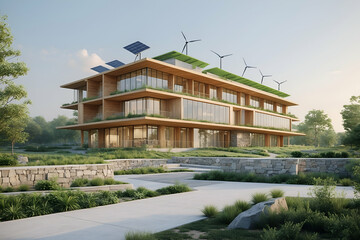 Modern sustainable architecture design building with green roofs solar panels and wind turbines