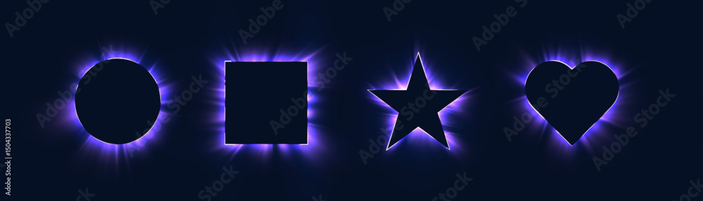 Aufkleber frame silhouettes of circle, square, star and heart with purple glowing aura on dark background. sui