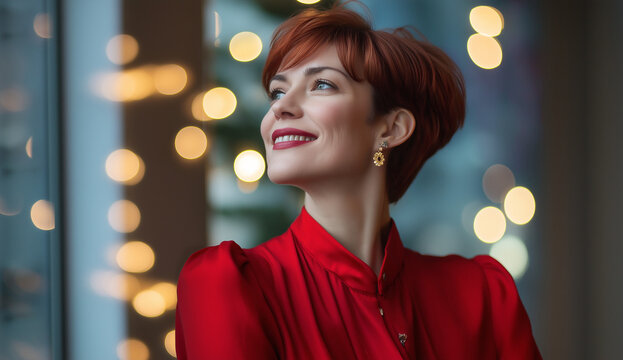 retrato de uma mulher de cabelo ruivo curto com uma blusa vermelha no escrit&oacute;rio com luzes 