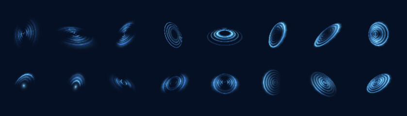 A set of radar style circular pulse interfaces with glowing concentric rings of blue light. Includes scanning visuals, pulse rotation, and digital detection elements on a dark background.	