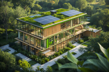 Modern sustainable eco friendly building with green roof and solar panels generating clean energy