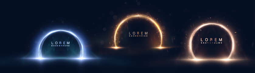 Set of colorful arches in bright glow with sparks and glitter on dark background. Futuristic energy halos with sparkling shimmer.
