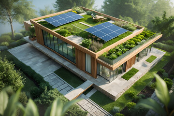 Modern sustainable home with solar panels and green roof in beautiful natural setting