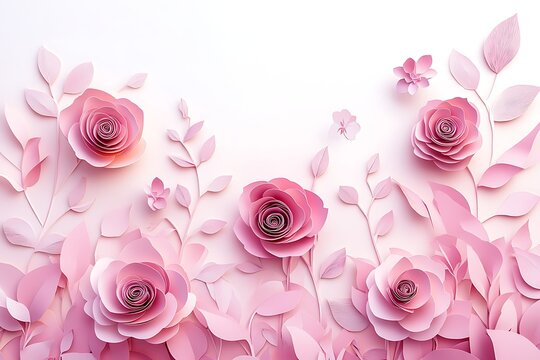 Papercut Roses with Leaves, 3D Rendered Floral Art, Soft Pink Palette, Elegant Design