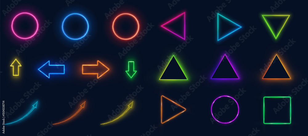 Aufkleber vector neon arrows and geometric shapes glowing in vibrant colors on dark background. ideal for ui, 