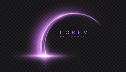 Bright purple glowing arc with glowing sparks on transparent background. Abstract energetic trajectory of light beam movement. Vector for sci-fi designs, UI visualizations.