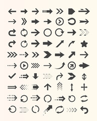 Collection of black arrow icons in various designs. Vector round arrows for interface, maps and infographics.