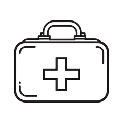 A line drawing illustration of a first-aid kit, featuring a prominent medical cross.