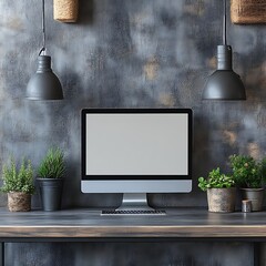 A modern workspace featuring a blank computer screen and greenery