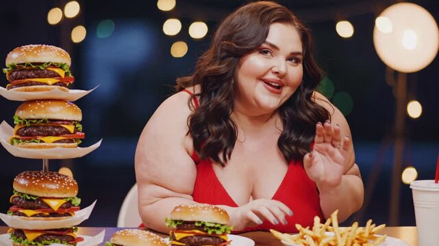 Woman enjoying a joyful mukbang feast with stacked burgers and fries  