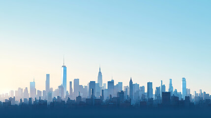 City skyline buildings on a minimalist blue background