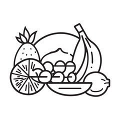 A line art illustration of a bowl of fruit, featuring pineapple, banana, grapes, orange and lime.