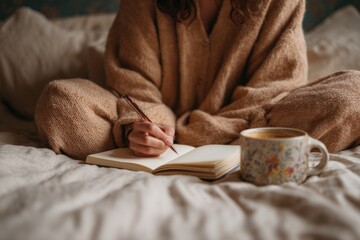 Cozy scene: Woman sits cross-legged in bed writing in a notebook with a pen while enjoying coffee in a floral mug.