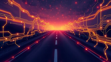 Futuristic Neon Highway Under Night Sky – Glowing Cyber Road with Pink and Blue Light Trails and Moonlit Background