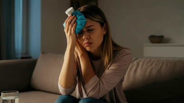 Young woman with headache applying ice pack while sitting on couch