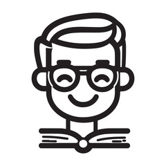 A smiling boy wearing glasses, reading a book, illustrated in a bold black line style.